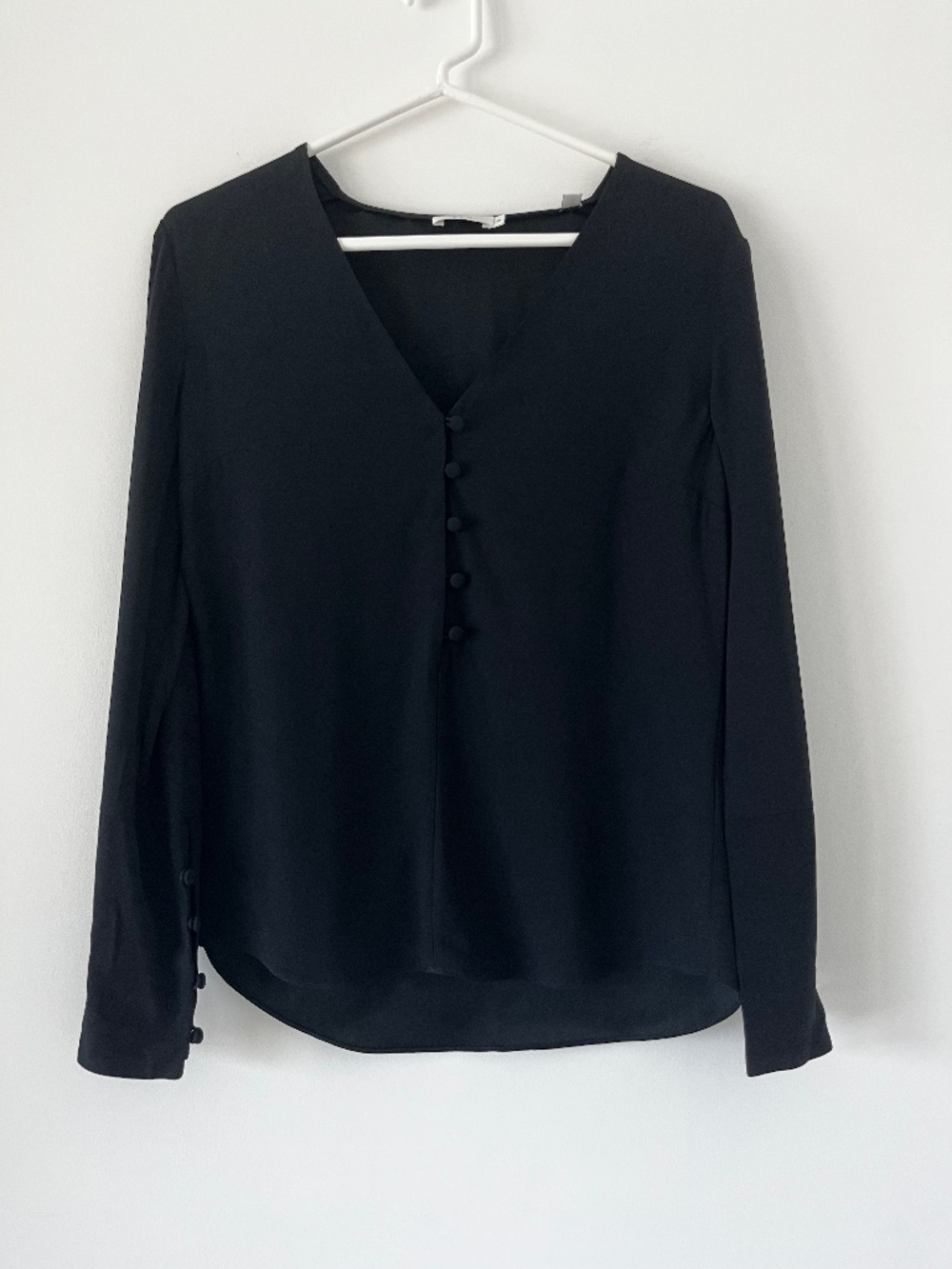 A.L.C Black Blouse with Satin Covered Buttons on Front and Sleeves (Size 0)